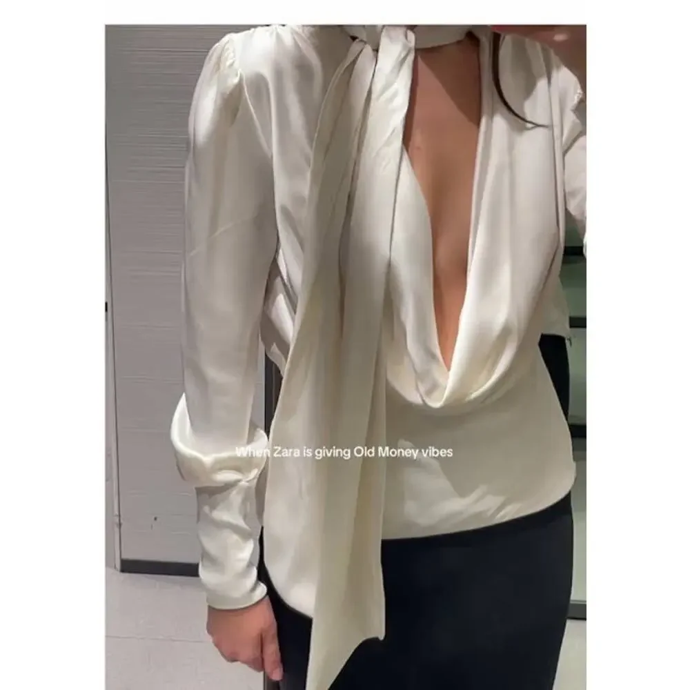 Zara White Satin High Neck Cowl Back Top Size XS Draped Tie Back Quiet Luxury